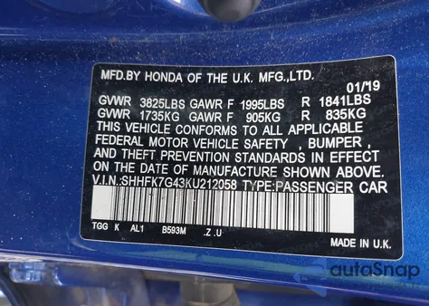 2019 Honda Civic Sport z USA, uszkodzony, nr VIN SHHFK7G43KU212058